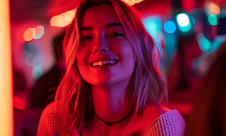 Jeune femme souriant dans un éclairage rougeoyant.