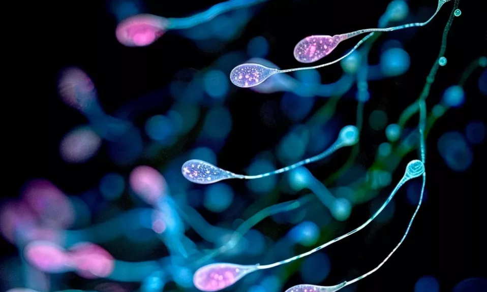 Spermatozoïdes fluorescents sous microscope.