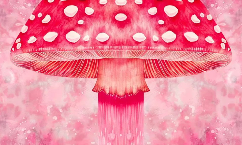 Champignon rouge à pois blancs, fond rose.