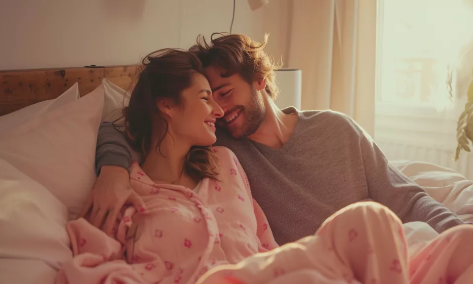 Couple souriant dans un lit douillet.